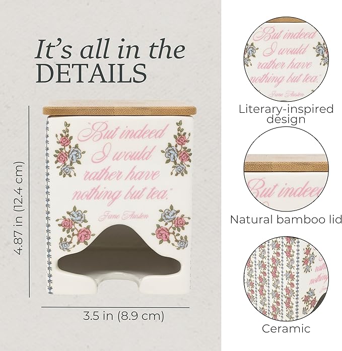 Steel Mill & Co Ceramic Tea Bag Dispenser with Bamboo Lid, Tea Storage Container for Kitchen Counter, Organizer for Tea Bags, Cute Bookish Gift for Tea Lovers (Jane Austen Quote)