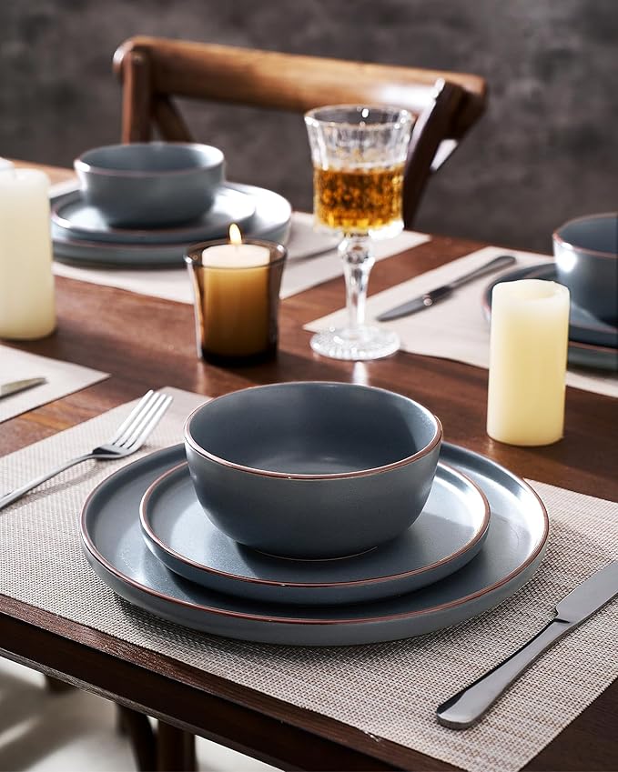Famiware Mercury 24 Pieces Dinnerware Sets, Plates and Bowls Sets for 8, Microwave and Dishwasher Safe Dish Set, Charcoal