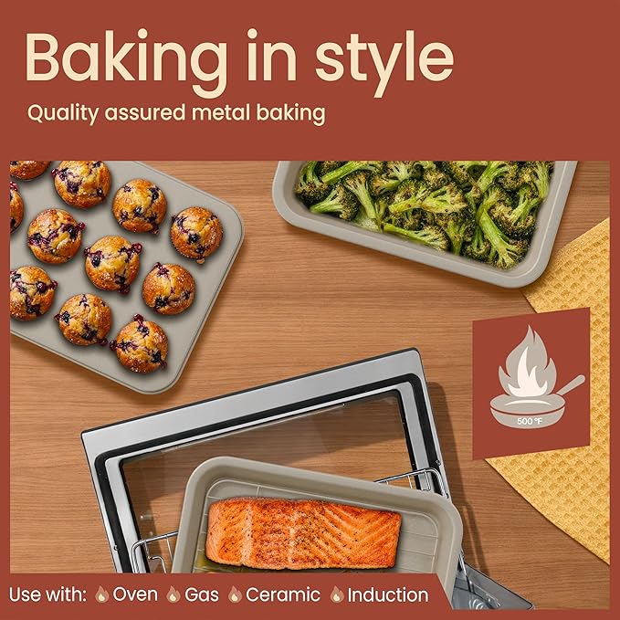 Bakken 4-Piece Bakeware Sets, Nonstick Carbon Steel Baking Sheet, Stackable Space-Saving Bakeware, Dishwasher Safe, Stain-resistant, PFOA, PFOS, & PTFE Free, Oven Safe Up To 450°F, White Marble