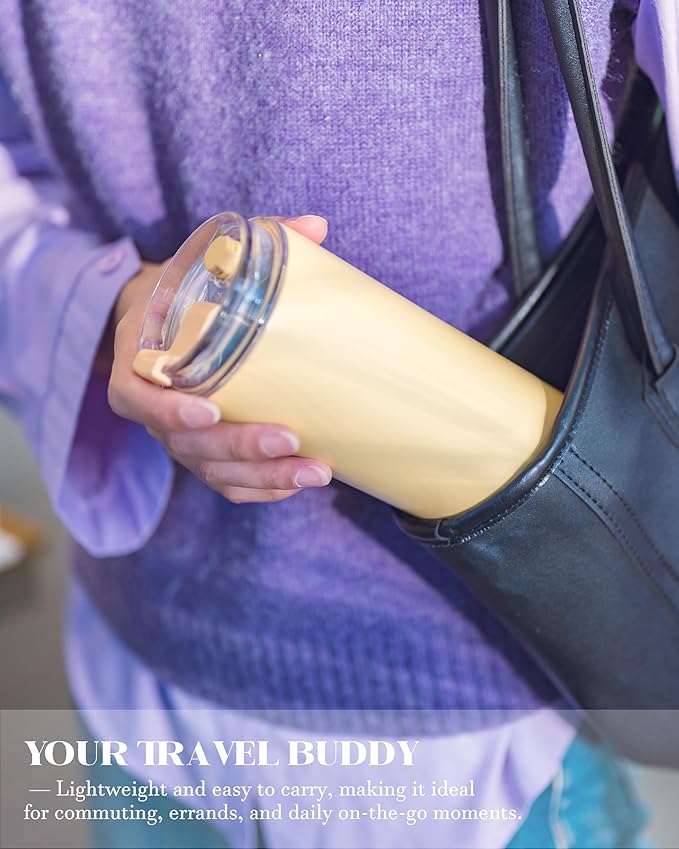 16 oz Insulated Coffee Tumblers, Travel Coffee Tumblers with Straw, Double-Wall Stainless Steel Tumbler, Leak Proof Tumbler, Reusable Cups with Lids for lced and Hot Drinks (Yellow)