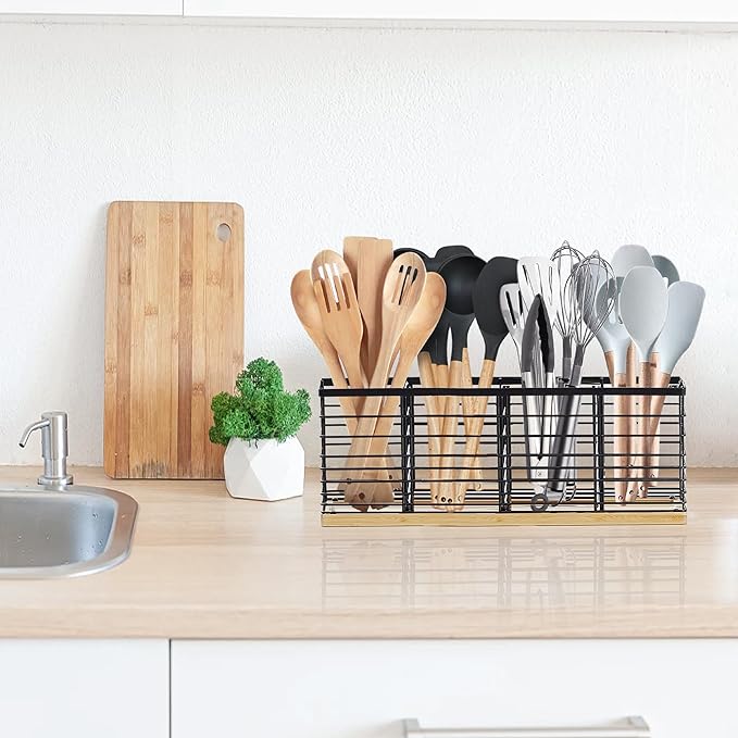 Suli Extra Large Kitchen Utensil Holder Countertop with 4 Compartments,Matte Black Metal holder with Wooden Base for Countertop,Farmhouse Utensil Organizer for counter,Rustic Cooking Utensil Organizer