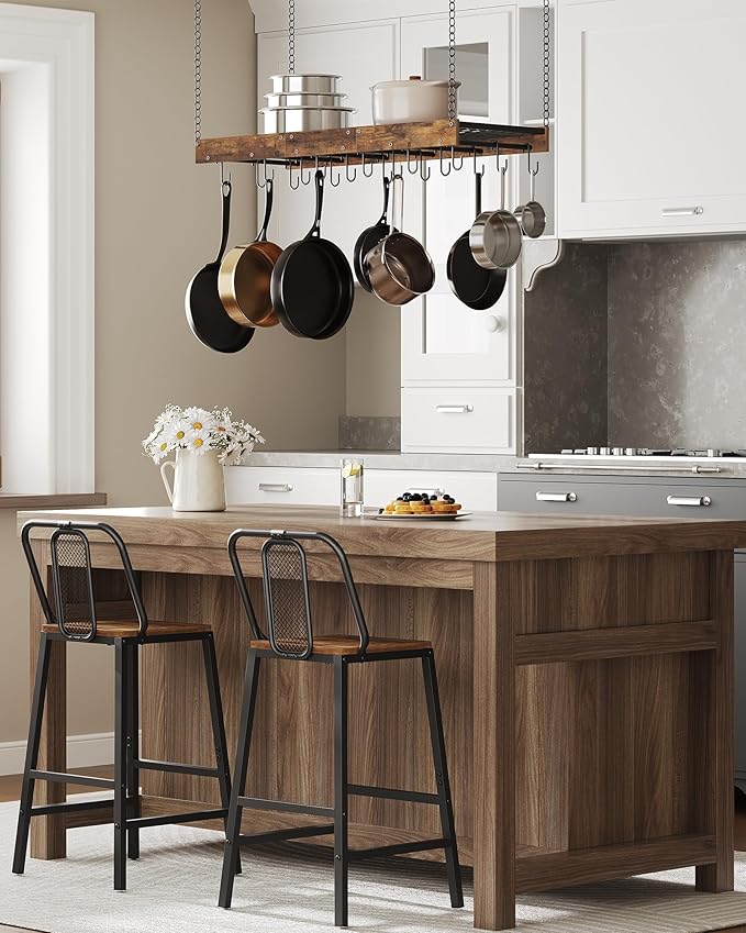 CHOEZON Hanging Pot Rack, Ceiling Wall Mounted Pot Rack for Kitchen, Industrial Style Pot Hanger with 18 Hooks, Cookware Storage Organizer, for Pots and Pans, Rustic Brown and Black TPR12BFC1