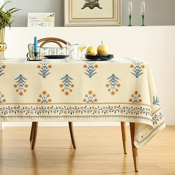 ISAENNE Designer French Pale Yellow Rectangular Tablecloth,Linen Floral Table Cloth,Wrinkle Resistant Decor Tablecloths for Dining Thanksgiving Banquet Kitchen Party,55"*87"-Estevan A