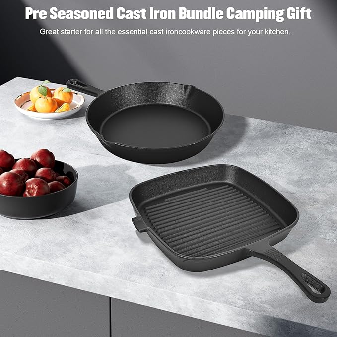 Pre-Seasoned Cast Iron skillets,2 Piece Durable Pots and Pans Set with Handle Covers for Grill, BBQ, Camping Fire, Stovetop, Kitchen and Camping Cookware
