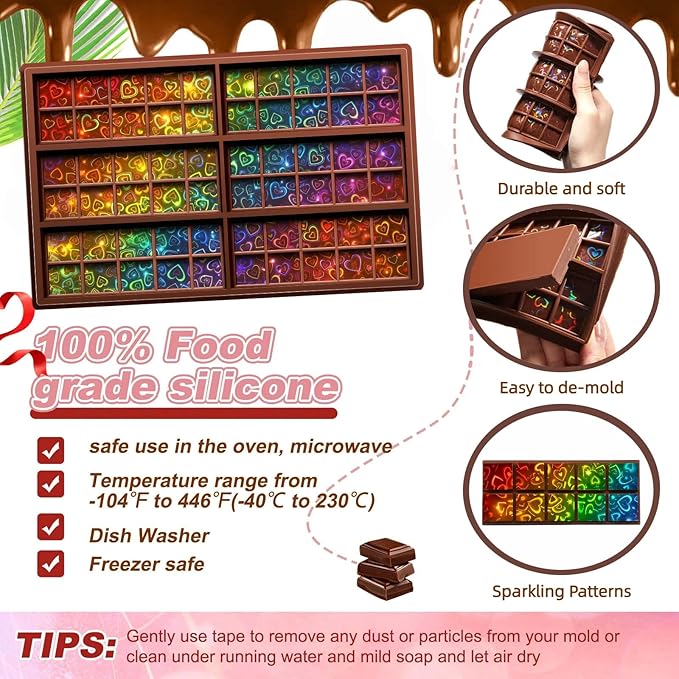 Ziliny Heart Holographic Chocolate Bar Mold Silicone, Rainbow Light Effect Chocolate Bar Deep Thick Molds for DIY Candy Dessert Baking, Candy, Wax Melts, Cake Decoration (Square)