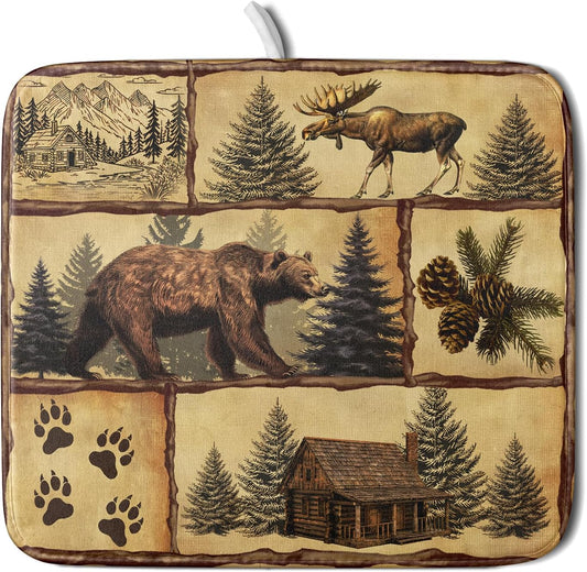 Vintage Bear Moose Dish Drying Mat 16x18 Inch Country Cabin Absorbent Dish Draining Mat Heat Resistant Drying Pad for Counter Sink Home
