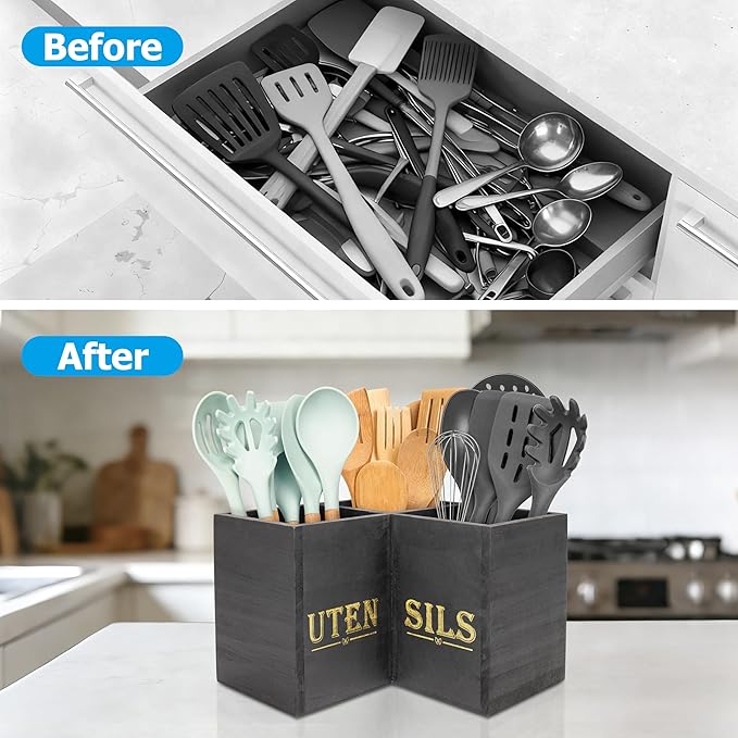 RedCall Kitchen Utensils Holder,Extra Large 3 Compartments Corner Utensil Caddy for Countertop,Wooden Farmhouse Utensil Organizer