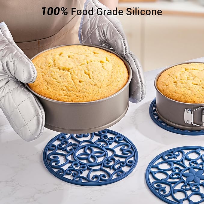 SMARTAKE 3 Set Silicone Trivet Mats, Multi-Use Carved Trivet Mat, Insulated Non-Slip Durable Kitchen Mats, Flexible Modern Kitchen Table Mat, for Hot Dishes, Pots, Dining Countertop, Navy Blue