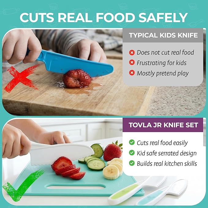 Tovla Jr Kid Safe Knife Gift Set for Real Cooking | Toddler Kitchen Knives | Montessori STEM Cooking Tools | Kids Chef Knives and Utensils | BPA Free Dishwasher Safe | Birthday Gift Ages 4 to 12