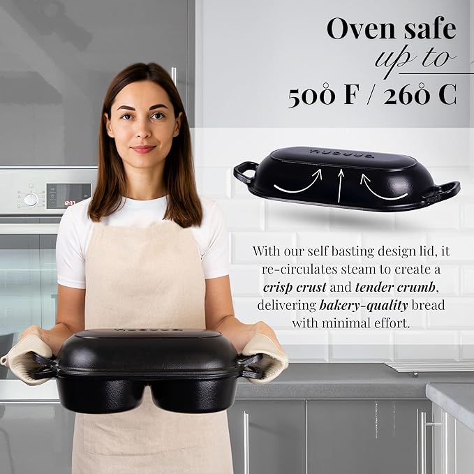 Dutch Oven for Sourdough Bread Baking – Enamelled Cast Iron Bread Loaf Pot – 500°F Oven Safe Non Stick Bread Pot – Double Round Loaf Space, 16.5cm Diameter, Black, – by Nuovva