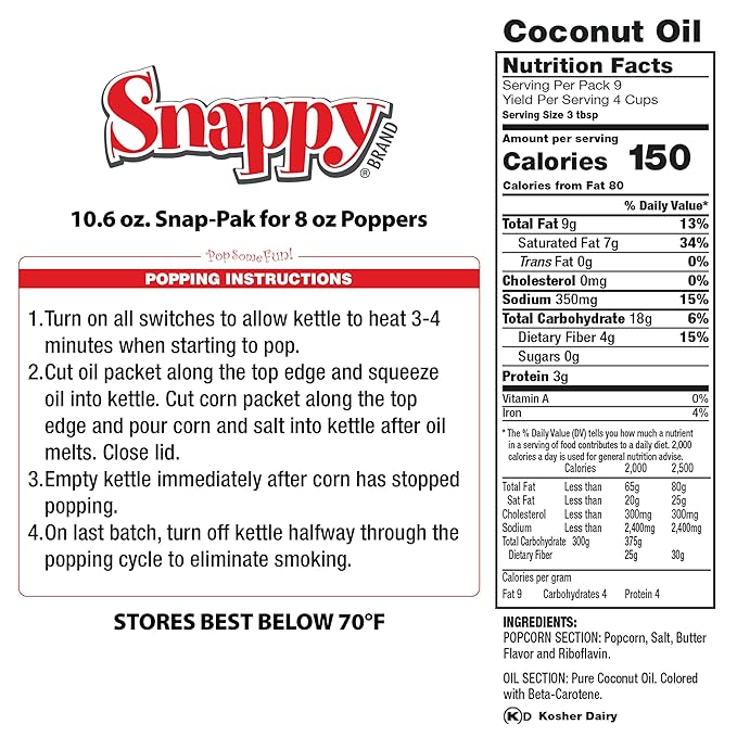 Snappy Snap-Paks All in One Popcorn Portion Packets for 8 oz Popping Machine, Kernels, Oil, and Salt, 24 Count