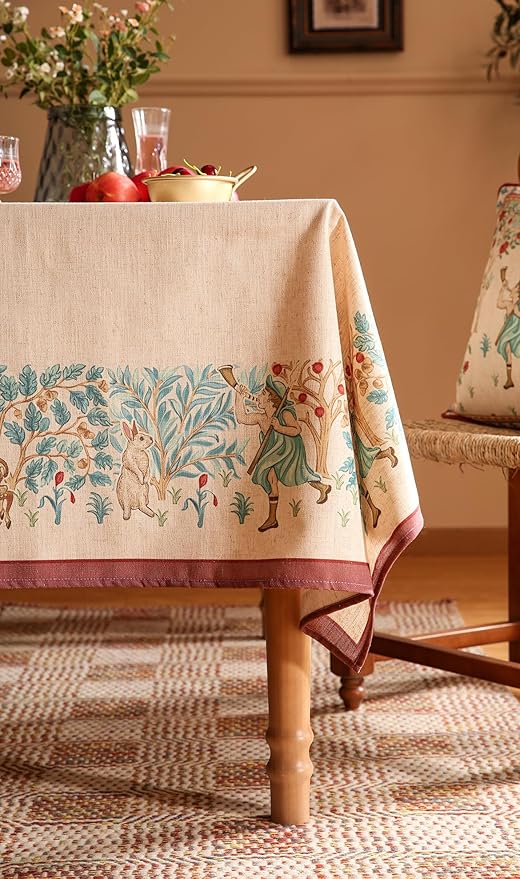 patdrea Designer French Tablecloth for Rectangle Table,Vintage Linen Trees Pattern Beige Tablecloths,Decoration Table Cover for Kitchen Dining Christmas,Thanksgiving,55"x87"-Tatiana D