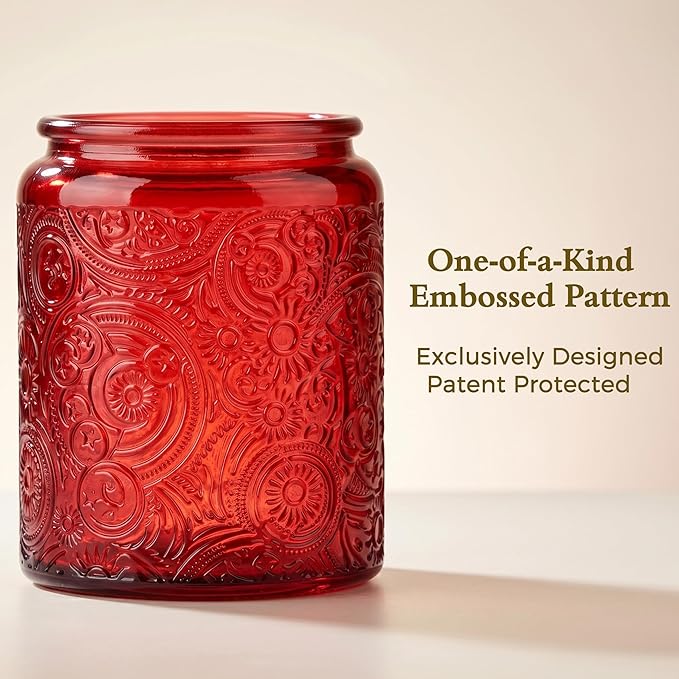 Art Secret 9-Pack 8oz Embossed Glass Candle Jars with Lids and Labels - Sun Moon Stars Design (Red)