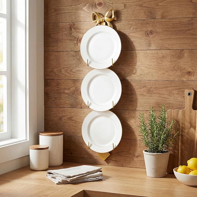 Zonon 1 Pack Gold Bow Plate Holder for Wall Bow Knot Iron Easel Display Rack Wall Mount Metal Plate Hanger Stand for Hanging Photo Frame Art Plaque for Cabinet Kitchen Counter Bar Cafe (28 x 7.2 Inch)
