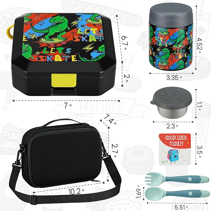 Itslife Bento Lunch Box Set for Kids with 12oz Soup Thermo&Lunch Bag, Leak-Proof Lunch Food Containers for Kids School, 5 Compartment, Sauce Cup, 10 Notes (Dinosaurs Black)
