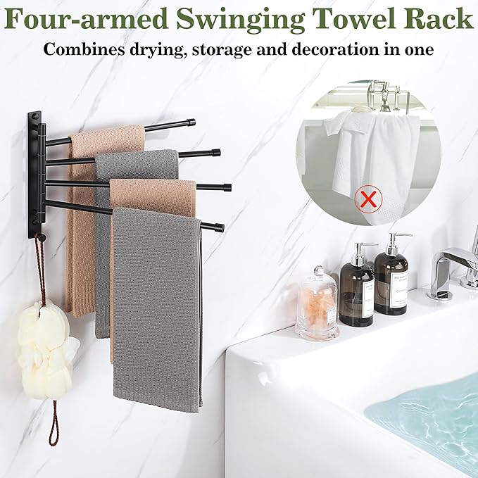 Alise Swivel Towel Rack, SUS304 Stainless Steel 4 Arms Towel Bar, Space Saving Swing Out Towel Bar with Hook, Towel Racks Wall Mounted for Bathroom, Matte Black