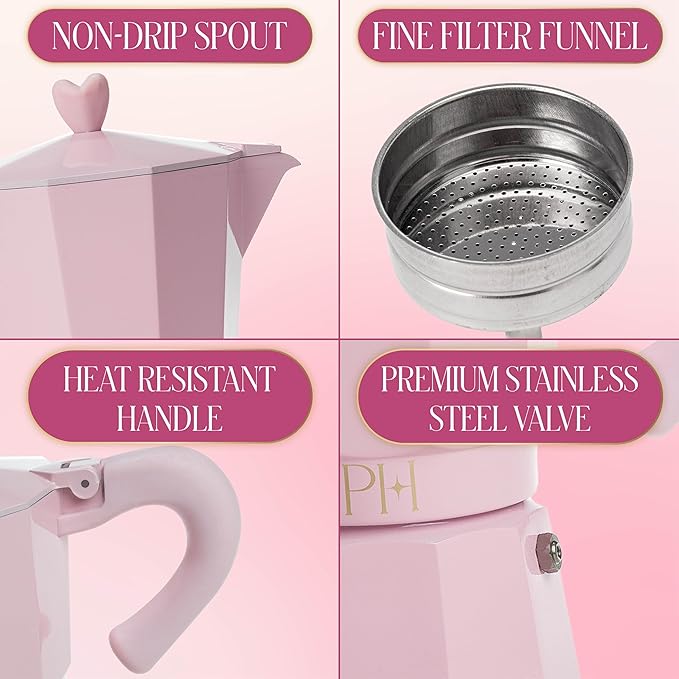 Paris Hilton Stovetop Espresso and Coffee Maker, Italian & Cuban Style Coffee Pot with Iconic Heart Knob, Perfect for Rich Aromatic Espresso, Makes up to 6 Espresso Cups, Pink