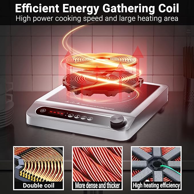 AMZCHEF Commercial Induction Cooktop, 1800W Countertop Burner with 18 Power&Temperature Setting, Double IGBT, Timer, Safety Function, Stainless steel Electric Hot Plate for Restaurant, Kitchen, Hotel