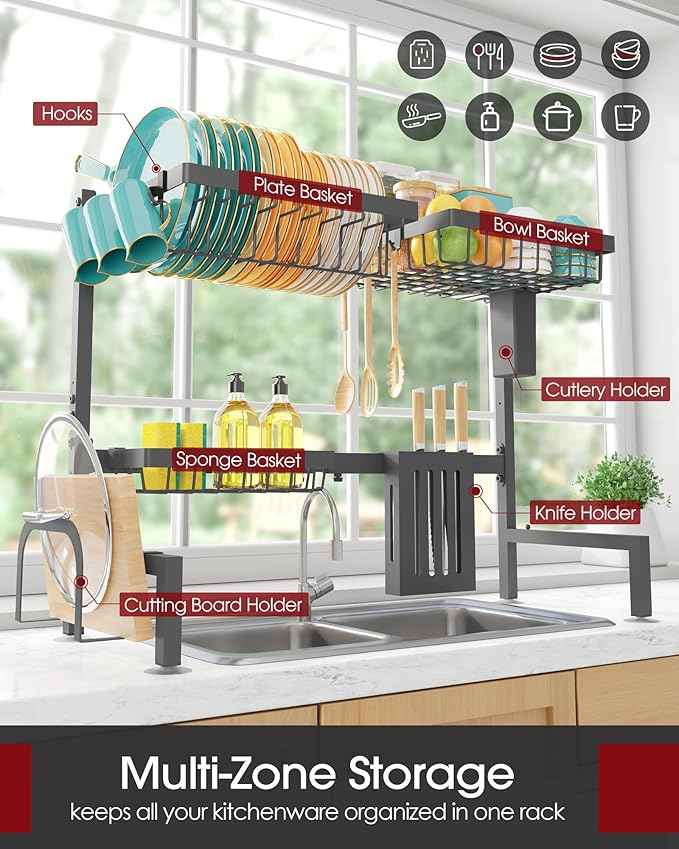 Over The Sink Dish Drying Rack - Adjustable 2 Tier Large Capacity Stainless Steel Drainer with Cutlery & Utensil Holders, Kitchen Storage & Organization, 30"-33.9" L x 11" W x 21.5" H, Gray