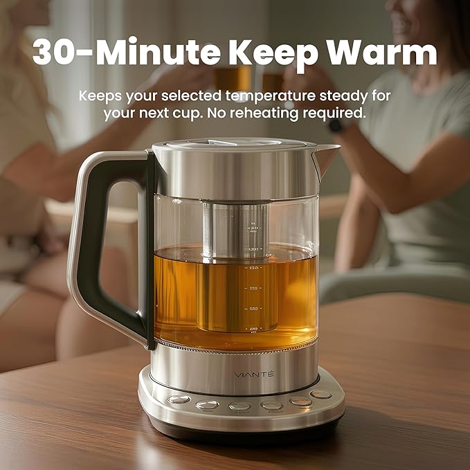 Vianté Electric Tea Kettle With Infuser for Loose Leaf, No Plastic In Contact With Water, Hot Tea Maker with Temperature Control, Automatic Shut Off, 1.5L Borosilicate Glass