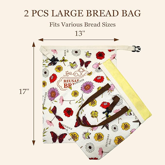 2 Pack Reusable Beeswax Bread Bags for Homemade Bread with Handle,17 X 13 Inch Large Cotton Sourdough Bread Storage for Fridge Freezer Counter,Keep Fresh Longer
