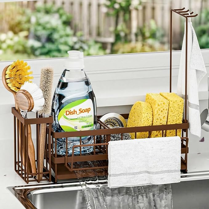 Sponge Holder for Kitchen Sink – Rustproof Stainless Steel with Detachable Drainboard, Brush Rack & Towel Bar | Compact, Non-Slip Design for Countertop Bathroom