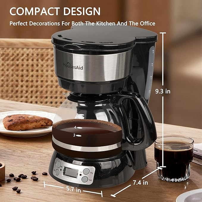 5-Cup Programmable Drip Coffee Maker with Digital Timer, Glass Carafe,24-Hour Auto Brew,2-Hour Auto Shut-Off, Pause & Pour, Removable Filter Basket,Compact Coffee Machine for Home & Office