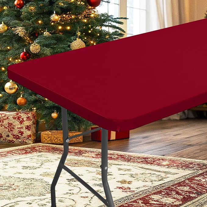 homing Rectangle Table Cloth Cover, Waterproof Polyester Elastic Fitted Tablecloth, Fits for 4 Foot Folding Tables, Washable Table Protector for Picnic, Camping, Outdoor (Wine Red, 30" x 48")