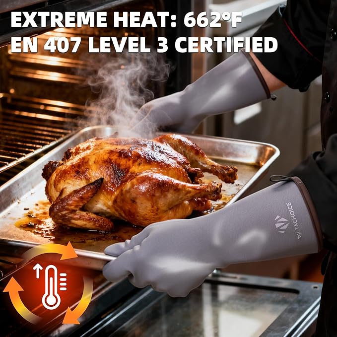 XXL Liquid Silicone BBQ Gloves - Heat Resistant Gloves for Grilling 662°F, 13.8" Extra Long Waterproof Smoker Oven Mitts with Cotton Liner, Meat Handling Accessories for Big Hands, Grey