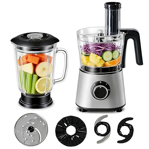 Simple Deluxe Food Processor Blender Combo, 300W Electric Kitchen Appliance with 1.5L Glass Jar, 6-Cup Chopper for Dough Meat Slicing Puree, Dual Speeds & Safety Lock, Black & Silver