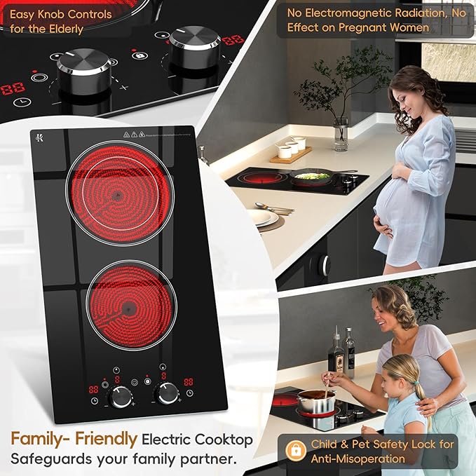 2 Burner Electric Cooktop 120V, 1800W Radiant Electric Stove Top with Countertop & Built-in Design, 12 inch Knob Control Ceramic Cooktop with Safety Lock, 9 Level Power, 99 Min Timer - Plug in