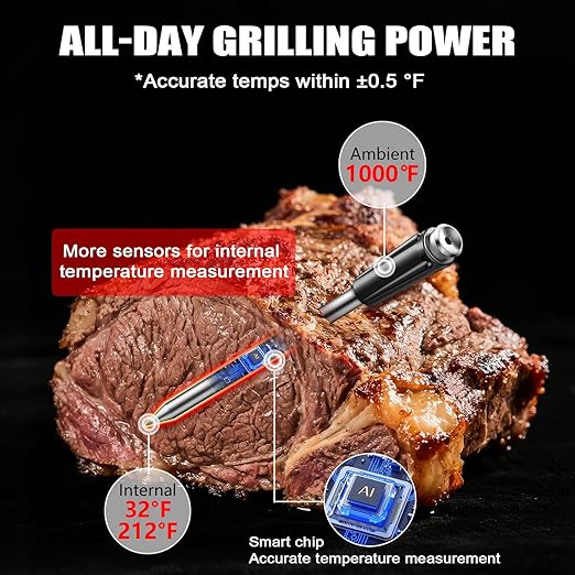 Wireless Meat Thermometer, Smart Digital Cooking Thermometer with 2 Ultra-Thin Probes, No App Needed, 800FT Range, 1000°F Heat Resistant, IP67 Waterproof - for BBQ, Grill, Oven, Smoker (2025 Upgraded)