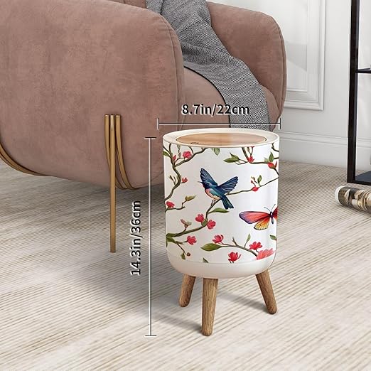 Trash Can with Lid Seamless floral pattern hand drawn hummingbirds tropical japanese Press Top Round Small Garbage Bin with Wooden Legs Waste Basket for Kitchen Bedroom Nursery 7L/1.8 Gallon