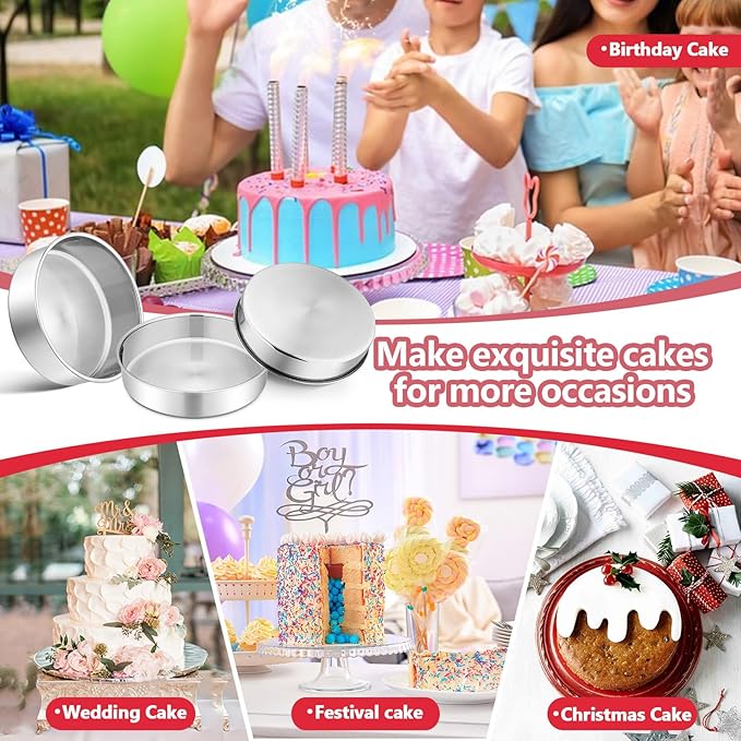 P&P CHEF Cake Pan Set of 4, Stainless Steel Baking Round Cake Pans Tins Bakeware for Birthday Wedding, Leak-proof & Easy Clean, Mirror Finish & Easy Releasing, 8 Inch