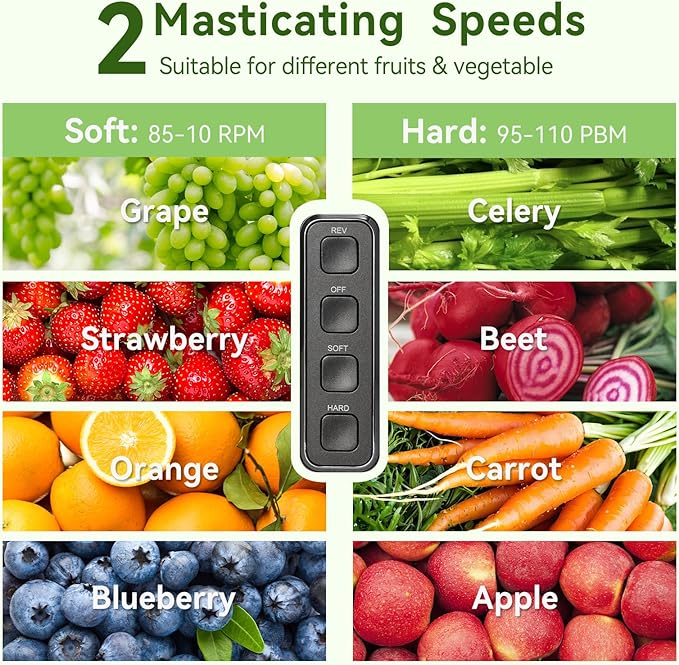 Cold Press Juicer,Slow Masticating Juicer with Soft & Hard Modes,Juicer Machines Vegetable and Fruit with Reverse Function,Celery Juicer,BPA-Free,Easy to Clean