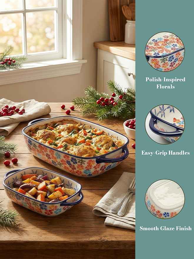 Polish Pottery Style Ceramic Baking Dish Set, 2-Piece Casserole Bakers for 2–3 People, Floral Decorative Bakeware, Oven Safe Lasagna Pan, Microwave Dishwasher Safe, Gift-Ready, Protective Packaging