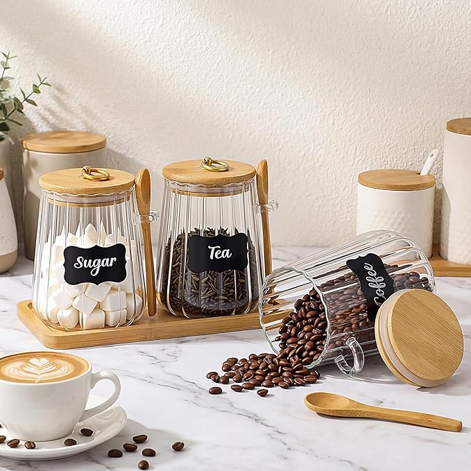 Suclain 3 Pcs Glass Coffee Container with Wooden Lid Spoon Shelf Labels Airtight Sugar Canister Set with Metal Handle Clear Jar Food Storage for Spice Coffee Bean Powder Housewarming Gift (Conical)