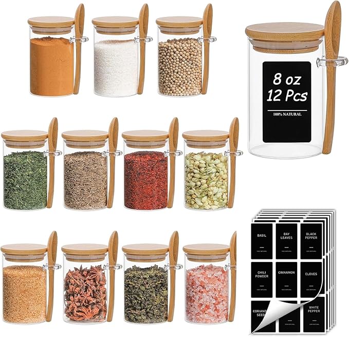 ComSaf 12 Pcs Glass Spice Jars and Spoons, 8oz Glass Containers with Bamboo Lids, Storage Containers with Airtight Lids with Black Labels for Seasonings, Salt, Loose Leaf Tea Storage