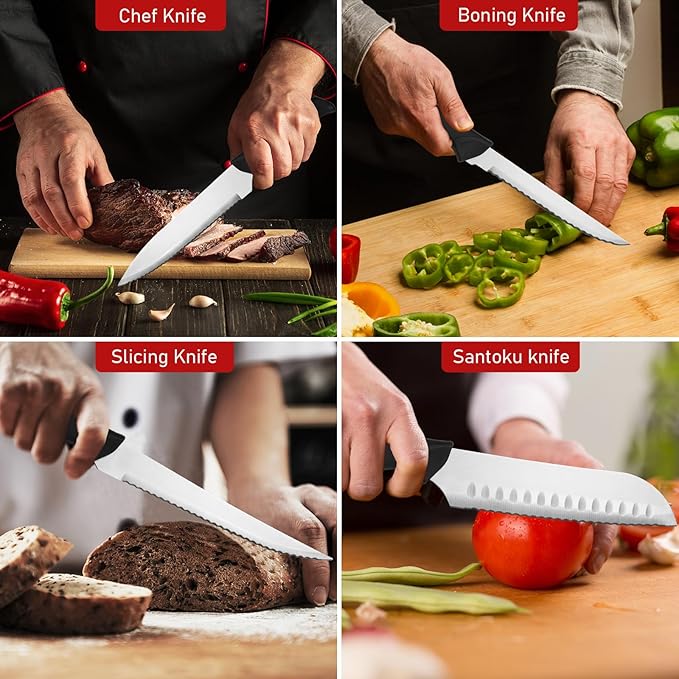 Knife Set With Block, Cutlery Essentials 23 Pieces Kitchen Stainless Steel Knife Block Sets With Cutting Board，Shears，Paring，Utility，Santoku，Steak Knives，Dishwasher Safe Cutlery Block Set