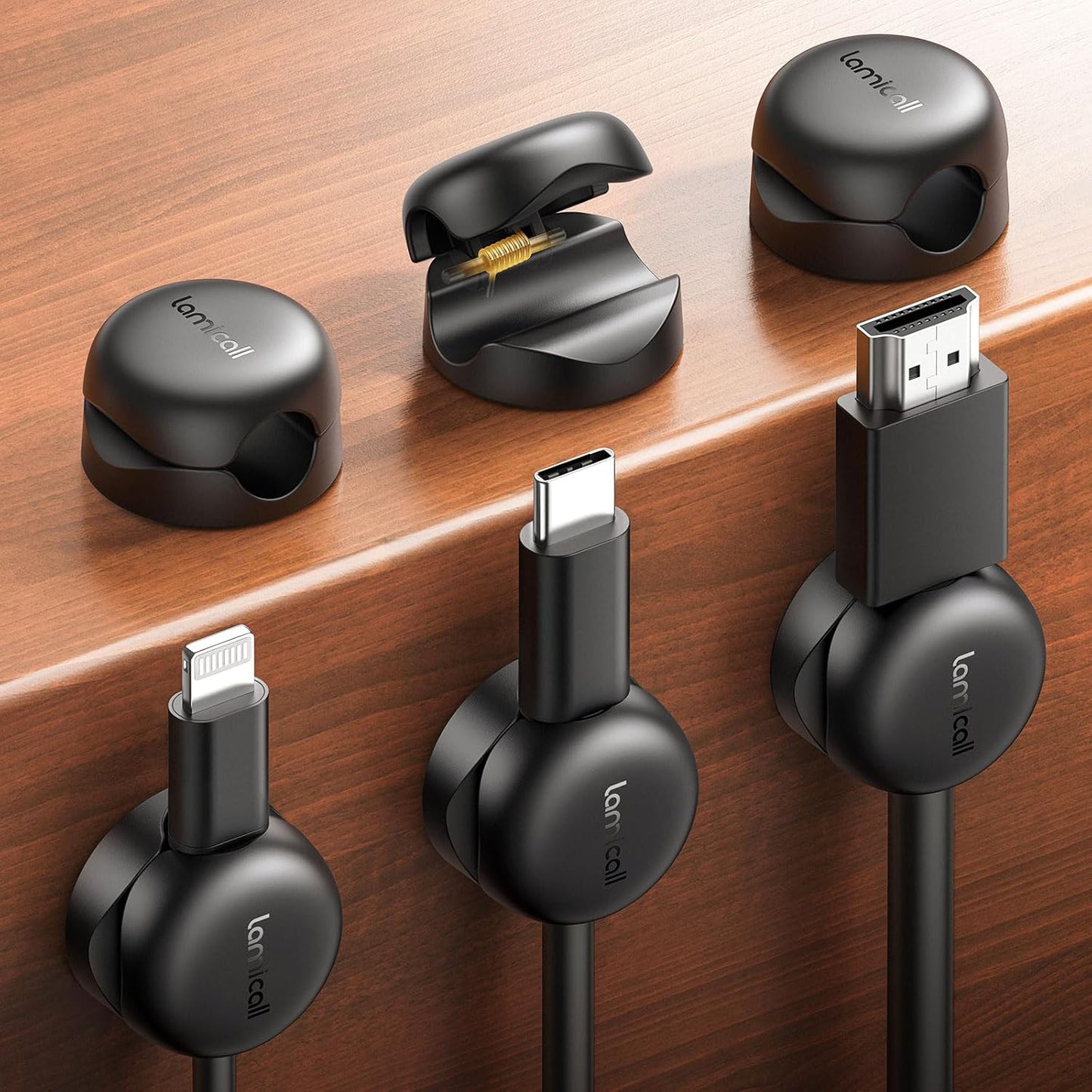 Lamicall Cable Clips, Spring Cord Organizer Holder - 6Pack Compact Desk Cable Management Clips, Nightstand Phone Charging Cord Holder, 8mm Slot Adhesive Wire Organizer, Desk Office Accessory