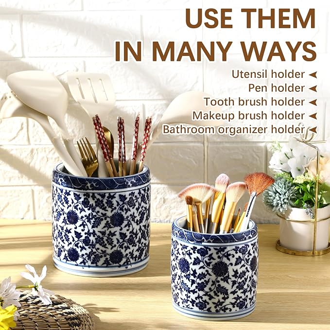 2 Pcs Blue and White Kitchen Utensil Holder 5"+6.1" Ceramic Kitchen Cooking Holder for Countertop Large Utensil Crock for Home Decor Parties Chinoiserie Blue