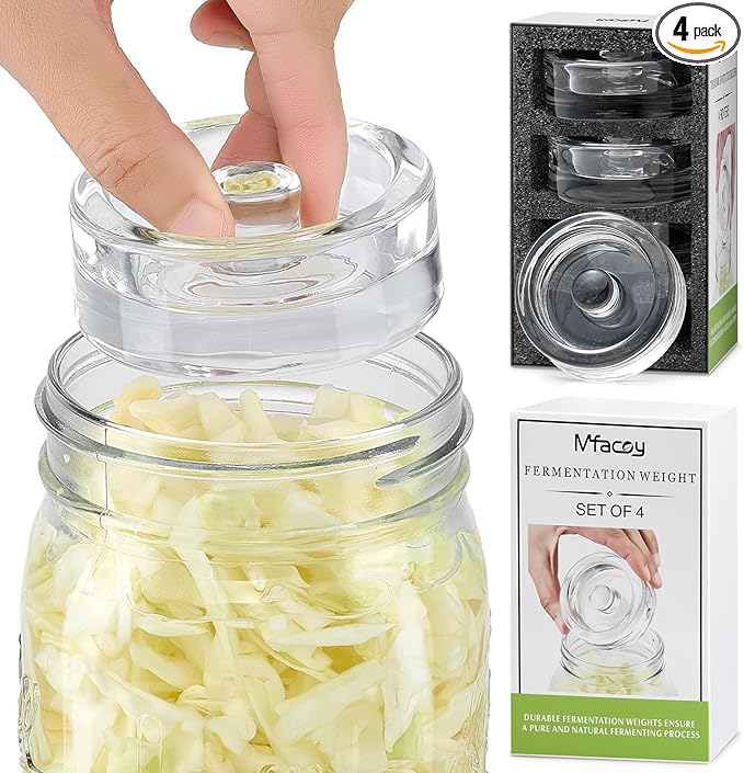 MFacoy 4-Pack of Fermentation Glass Weights with Easy Grip Handle for Great Wide Mouth Canning Mason Jars, Pickling Sourkrout Kraut Glass Weight Fermentation Kit with Easy Grip Handle, Dishwasher Safe