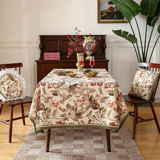 ISAENNE Designer Bohemian Linen Extra Long Rectangle Tablecloth,Colorful Floral Pattern Table Cloth,Wrinkle Resistant Decorative Tablecloths for Dining Thanksgiving Kitchen,63"*110"-Grace A