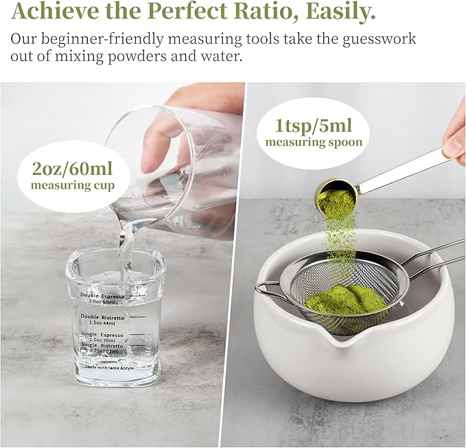 YIBO Matcha Whisk Set White, Matcha Set Kit Includes Ceramic Matcha Bowl, Bamboo Whisk, Scoop, Measuring Spoon & Cup, Chasen Holder, Sifter Tool