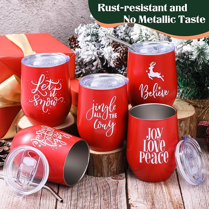 Uiifan 20 Pack Christmas Tumblers Gifts 12 Oz Xmas Funny Tumbler Christmas Stainless Steel Coffee Mugs Set Xmas Insulated Travel Cup with Straw Lid for Family Xmased Holiday Gift (Red)