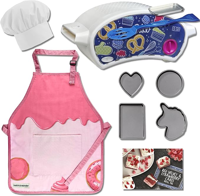 hatch & wander Kids Baking Set Bundle | 4 Pan Set | Kids Apron & Chef Hat | Oven & Mix (included mix may vary)