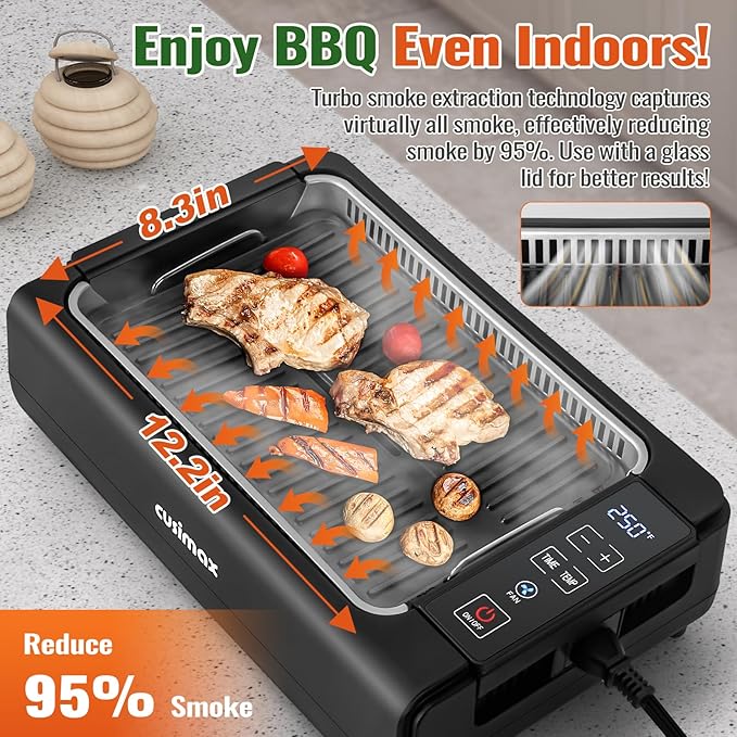 Indoor Smokeless Electric Korean BBQ Grill - 1200W With Non-stick Removable Plate & Griddle, LED Smart Display, Tempered Glass Lid, Adjustable Temperature - Black
