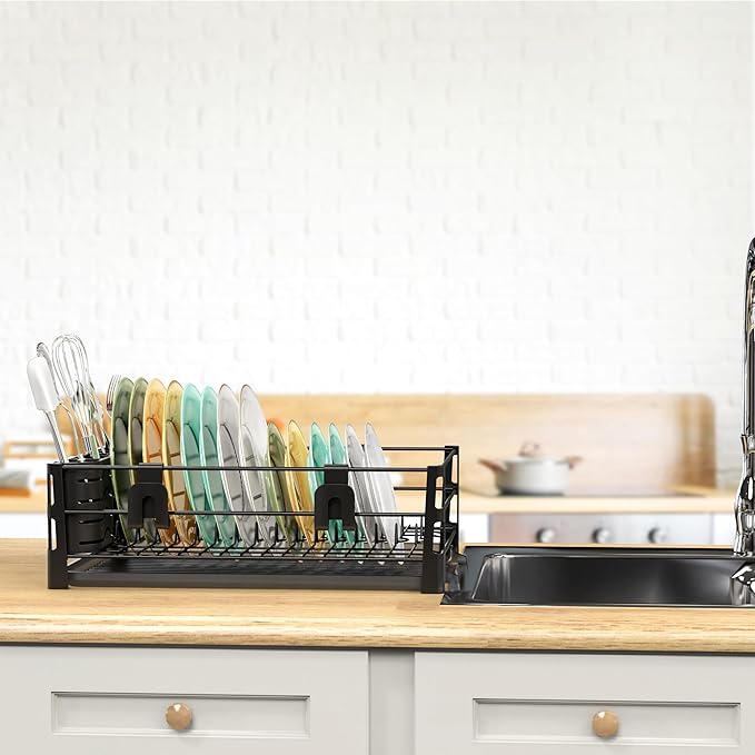Simple Houseware Dish Drying Rack with Drainboard, Utensil Holder & Mug Hooks, Black Metal Kitchen Counter Organizer