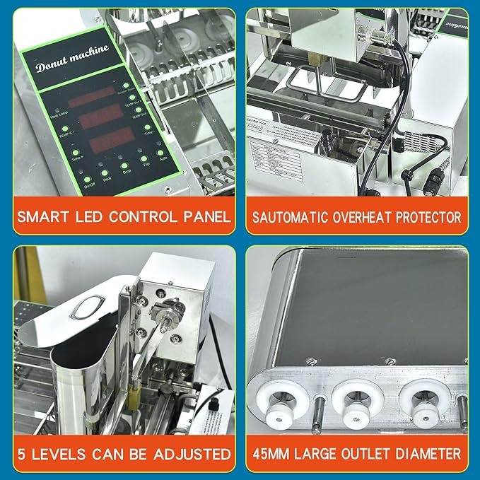 Kolice Commercial Mini Donuts Making Machine Frying Donuts Makchine - 4-Rows Production, 5.5L Hoppers, 1,800 Pcs Per Hour, Auto Counting, Timer and Temperature Control