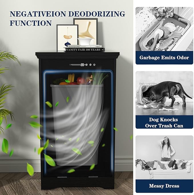 TOLEAD Tilt Out Trash Can Cabinet, 10-13 Gallon Kitchen Trash Cabinet Hidden Trash Can with Deodorizing & Negative Ion Pet Proof for Kitchen,Dining Room, Living Room (Black, 1 * 13 Gallons)
